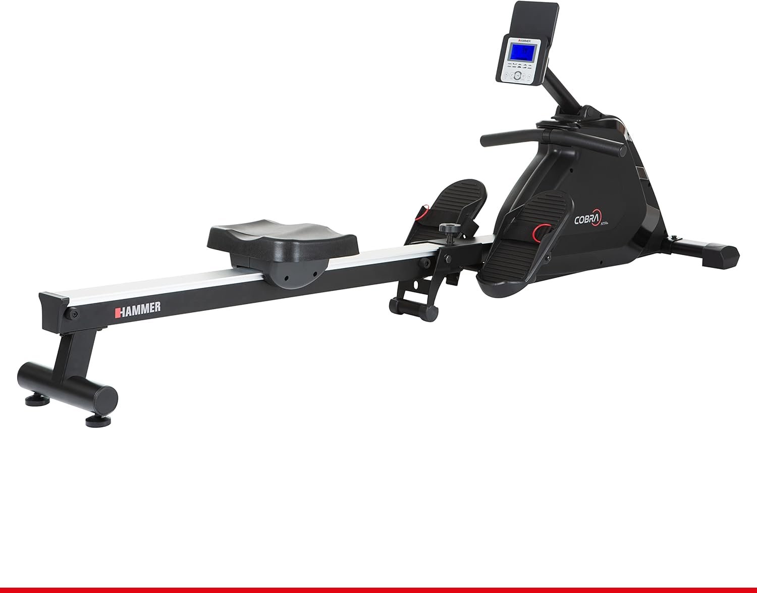 61acTLKsEIL._AC_SL1500 Hammer Rudergerät Cobra XTR Plus II für zu Hause – Rudermaschine mit innovativem Trainingscomputer, Smartphone-/Tablethalterung, bis 130 kg Nutzergewicht, 232 x 55 x 75 cm, Schwarz, 4532