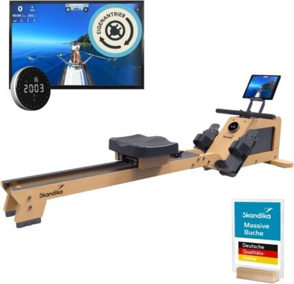 Skandika Rudergerät für Zuhause Torin P6-G | Rudergeräte Krafttraining, mit Eigenantrieb, Rahmen aus Echtholz, Magnetbremse 32 Stufen, Bluetooth & Kinomap App kompatibel, Aufstellfunktion, bis 150 kg