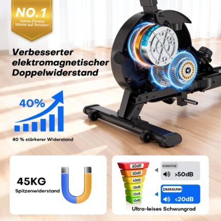 DMASUN Rudergerät für Zuhause, [2026 Neu] Magnetisches Rudergerät mit Upgrade Doppel-Slide-Rails Ultraleise Rudermaschine, 16 Widerstandsstufen, LCD-Datenanzeige, Bis 160kg Belastbar