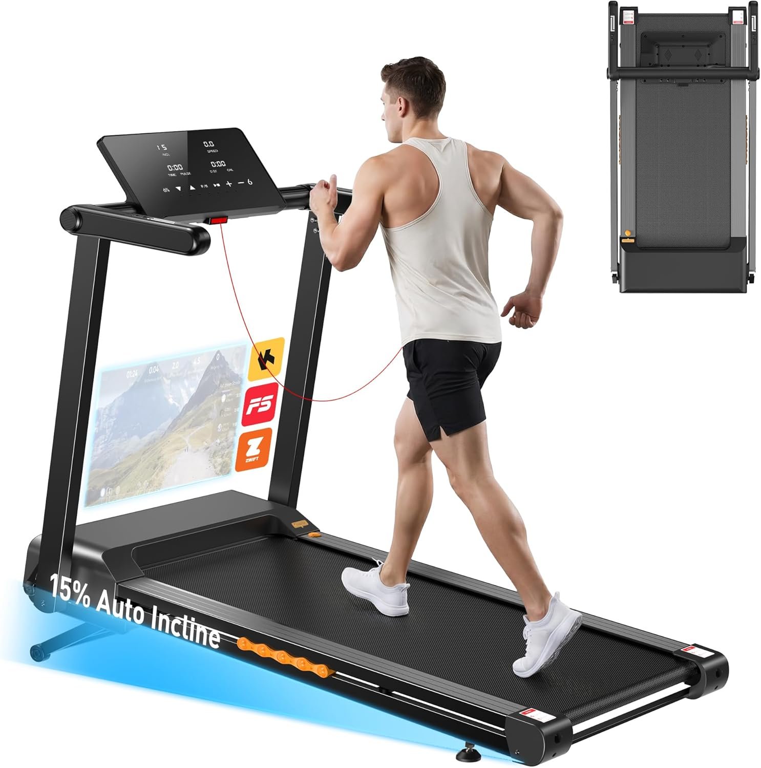 715_WzQV9ML._AC_SL1500 Laufband für Zuhause mit Automatische Steigung, 3,5-4,5PS Klappbar Laufband mit Steigung, 15"- 18" Zoll Breit LED Anzeige & 12 HIIT-Programme, 136-180kg Tragkraft, Voll Vormontiert