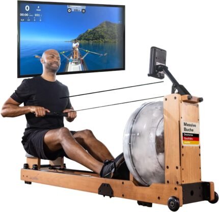 Skandika Rudergerät Wasser aus Holz Lykke | Wasser Rudergerät für Zuhause, 45% mehr Widerstand mit 90° Tank, aus massiver europäischer Buche, Kinomap App kompatibel, Wasserrudergerät platzsparend