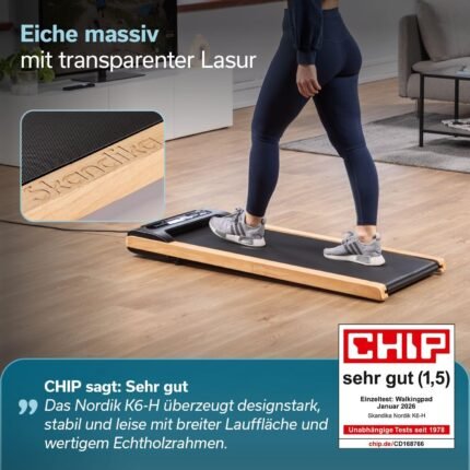 Skandika Walking Pad Nordik | Laufband für zuhause, 6/12 km/h, mit/ohne Steigung, LED-Display, Fernbedienung, Kinomap | Fitnessgerät für Ausdauertraining, Büro, Home Office