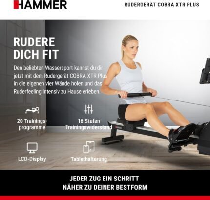 Hammer Rudergerät Cobra XTR Plus II für zu Hause – Rudermaschine mit innovativem Trainingscomputer, Smartphone-/Tablethalterung, bis 130 kg Nutzergewicht, 232 x 55 x 75 cm, Schwarz, 4532