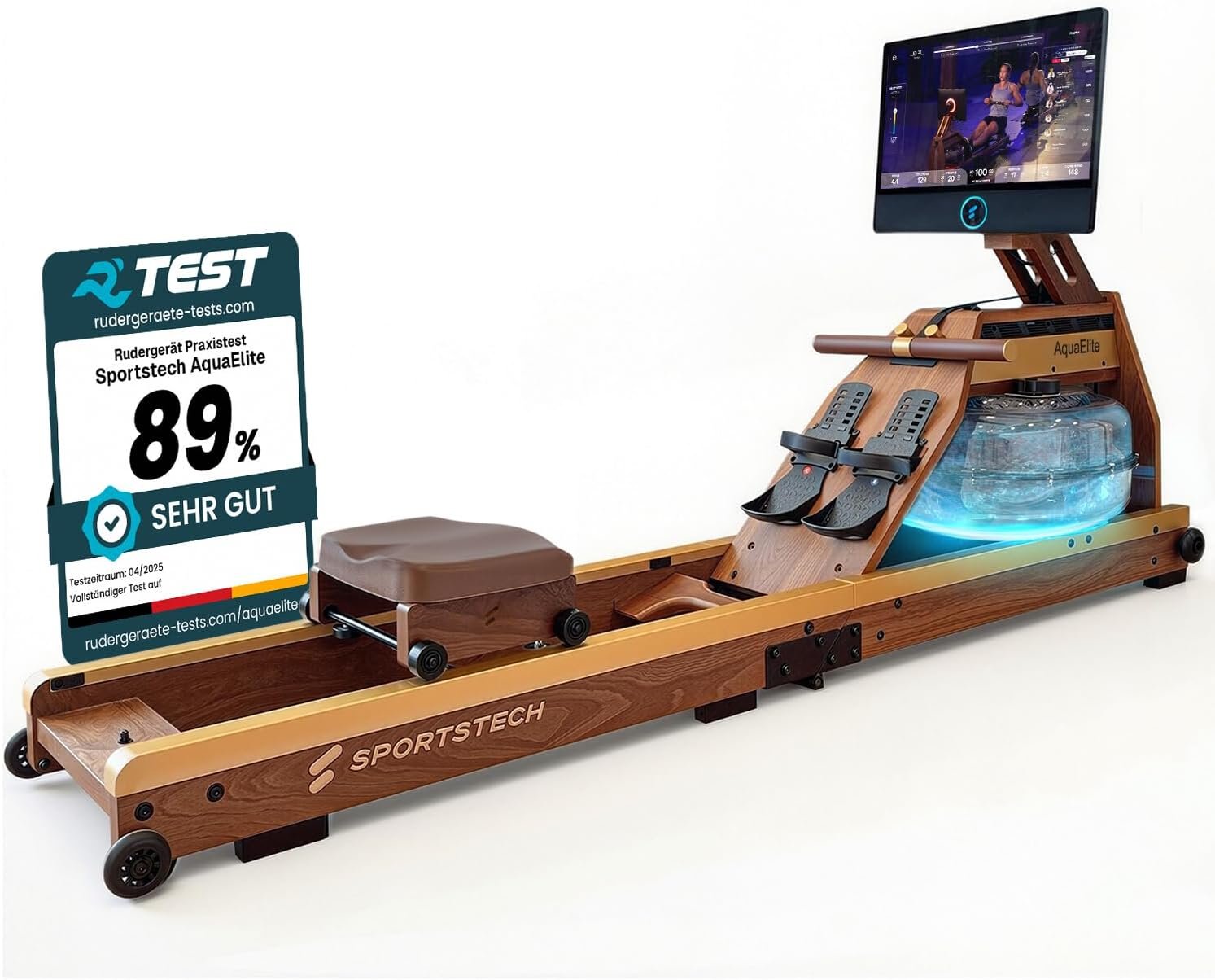 718qvNCIXGL._AC_SL1500 Sportstech Rudergerät Wasser für Zuhause, Deutsche Qualitätsmarke, zert. FSC® Eichenholz, authentisches Rudererlebnis, klappbar, LED-Wassertank, 10" oder 21,5" Display mit App, 360° drehbar, AquaElite