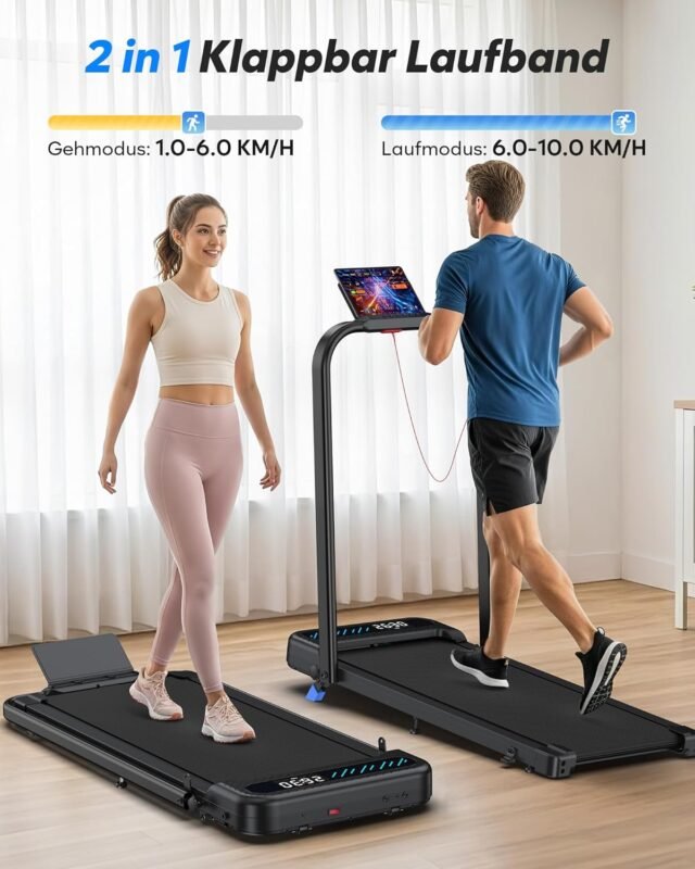 Laufband für Zuhause, 2 in 1 Walking Pad Klappbar mit Steigung, 3.0PS Klappbar Laufband für Zuhause & Büro mit LED-Anzeige, Schreibtisch Treadmill Leise, APP, Bis 145 kg, Keine Installation