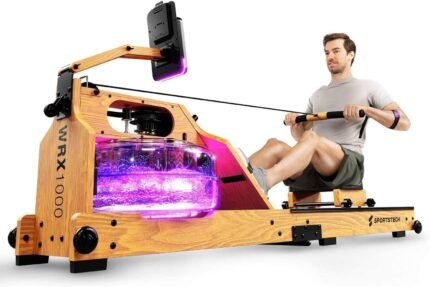 Sportstech WRX1000 Rudergerät für Zuhause, Wasser Rudergerät klappbar aus Massivholz mit LED-Wassertank, Rudermaschine mit App und Tablethalterung, Water Rower Premium Fitnessgeräte für zuhause