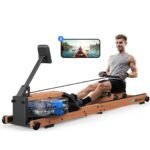 MERACH Wasser Rudergerät Holz Klappbar, Gummibaummaterial & Komfortabler Sitz, mit Exklusiver APP mit Interaktiven Kartenerfahrung, Immersives Rudererlebnis, Ideal für Heimfitness