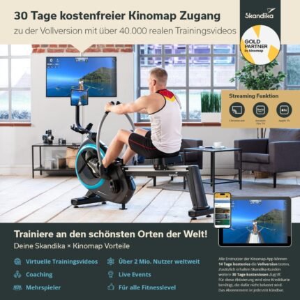 Skandika Rudergerät für Zuhause Nordlys | ECHTES RUDERGEFÜHL durch kugelgelagerte Schwenkarme, Klappbar, Magnetwiderstand, 16 Stufen, 21 Trainingsprogramme, Bluetooth, Kinomap-App, Rudermaschine