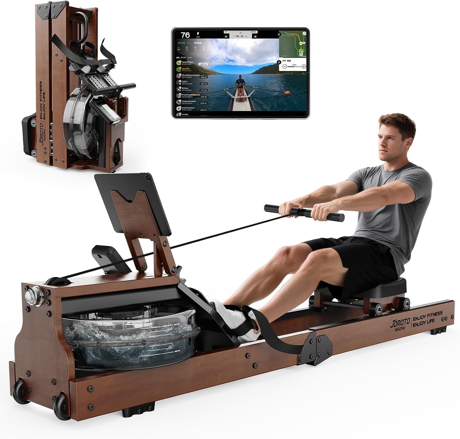 71aOmOLgnIL._AC_SL1500 JOROTO Rudergerät für Zuhause, Holz Wasser Rudergerät Klappbar | Bluetooth-Verbindung zur Kinomap-App | Maximale Gewichtskapazität 150 kg | 16L Wassertank | 98% vorinstalliert