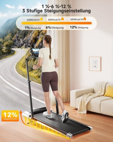Laufband für Zuhause mit 12% Steigung, 12km/h Klappbar Laufband mit 1150MM Einziehbares Steigrohr, 6 in 1 Walking Pad, 95°/105° Drehbarer Steigrohr, 2.5HP Leiser Motor, Fernbedienung und App