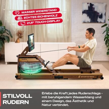 Sportstech Rudergerät Wasser für Zuhause, Deutsche Qualitätsmarke, zert. FSC® Eichenholz, authentisches Rudererlebnis, klappbar, LED-Wassertank, 10" oder 21,5" Display mit App, 360° drehbar, AquaElite