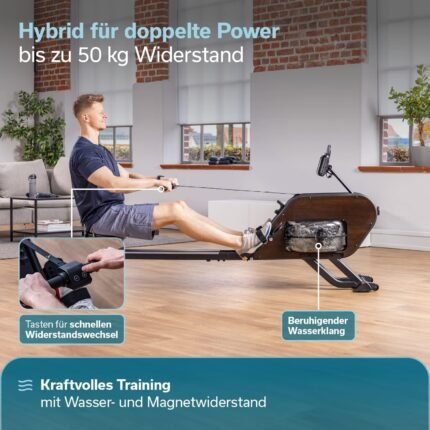 Skandika Rudergerät Nemo III Hybrid | Wasser- und Magnetwiderstand, 32 elektrische Widerstandsstufen, 15 Programme, bis 200 cm, App-kompatibel, aufstellbar | Wasserrudergerät, Fitnessgerät für Zuhause