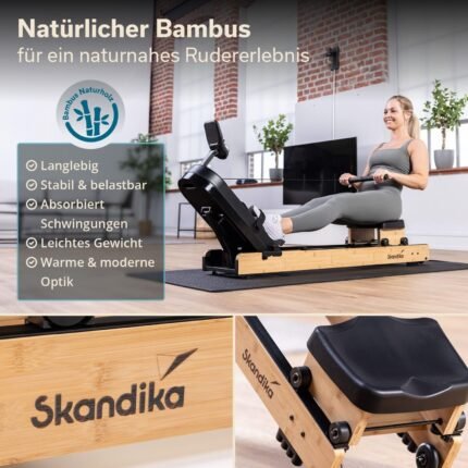 Skandika Rudergerät Rovek | Rudermaschine Holz, Rudergerät für Zuhause klappbar, Magnetwiderstand mit 32 Stufen, Kinomap App kompatibel, aufstellbar, bis 195 cm