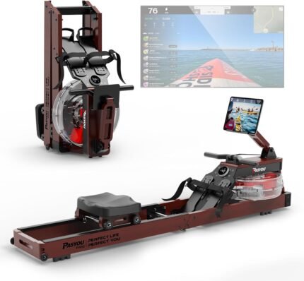 PASYOU Rudergerät für Zuhause aus Eiche, Wasserrudergerät klappbar mit Bluetooth Display &30 Tage kostenlose Kinomap-Mitgliedschaft,Rudermaschine mit Verstellbarer Tablethalterung 150kg belastbar PW60