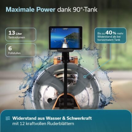 Skandika Rudergerät Wasser aus Holz Lykke | Wasser Rudergerät für Zuhause, 45% mehr Widerstand mit 90° Tank, aus massiver europäischer Buche, Kinomap App kompatibel, Wasserrudergerät platzsparend