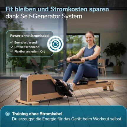 Skandika Rudergerät für Zuhause Torin P6-G | Rudergeräte Krafttraining, mit Eigenantrieb, Rahmen aus Echtholz, Magnetbremse 32 Stufen, Bluetooth & Kinomap App kompatibel, Aufstellfunktion, bis 150 kg