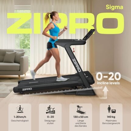 ZIPRO Leistungsstarkes Laufband Sigma für Zuhause mit 3,5 HP Motor bis 20 km/h + 20 Steigungsstufen · VibGuard Pro Dämpfungssystem für gelenkschonendes Training - Max. Nutzlast 140 kg - Klappbar
