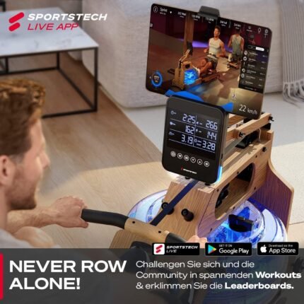 Sportstech WRX1000 Rudergerät für Zuhause, Wasser Rudergerät klappbar aus Massivholz mit LED-Wassertank, Rudermaschine mit App und Tablethalterung, Water Rower Premium Fitnessgeräte für zuhause