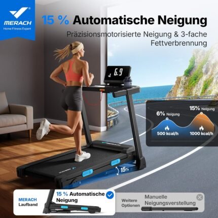 MERACH Laufband Für Zuhause mit Steigung, 6%-18% Automatische Neigung, 12km/h/14km/h Laufband Klappbar, 2.5HP/3.5HP Walking Pad, Treadmill for Home Max 136KG/159KG, 42*108CM/46*120CM, Laufbänder APP