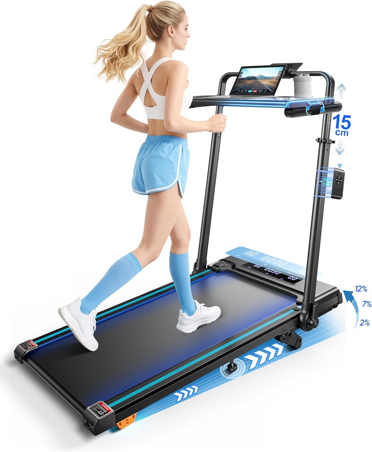 81iu3etKXgL._AC_SL1500 6-IN-1 Laufband für Zuhause Klappbar mit Abnehmbarem Tisch,3.0HP Laufbander mit Steigung bis 12%,12KM/H Walking Pad Klappbar mit 15cm Teleskop-Riser&RGB-Lichter,Laufband für Zuhause 150KG