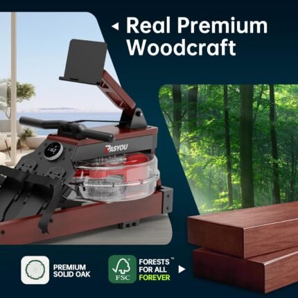 PASYOU Rudergerät für Zuhause aus Eiche, Wasserrudergerät klappbar mit Bluetooth Display &30 Tage kostenlose Kinomap-Mitgliedschaft,Rudermaschine mit Verstellbarer Tablethalterung 150kg belastbar PW60