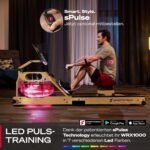 Sportstech WRX1000 Rudergerät für Zuhause, Wasser Rudergerät klappbar aus Massivholz mit LED-Wassertank, Rudermaschine mit App und Tablethalterung, Water Rower Premium Fitnessgeräte für zuhause